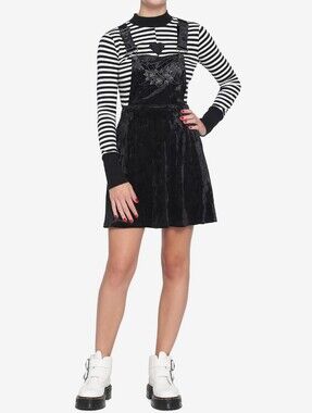 Hot Topic Moon & Florals Embroidered Black Velvet Skirtall overalls bib dress SM